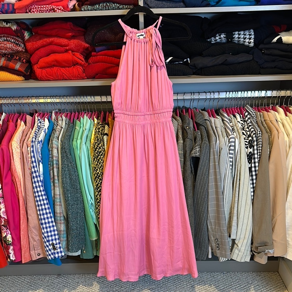 Loft pink halter neck tie elastic waistband satiny midi dress size XS